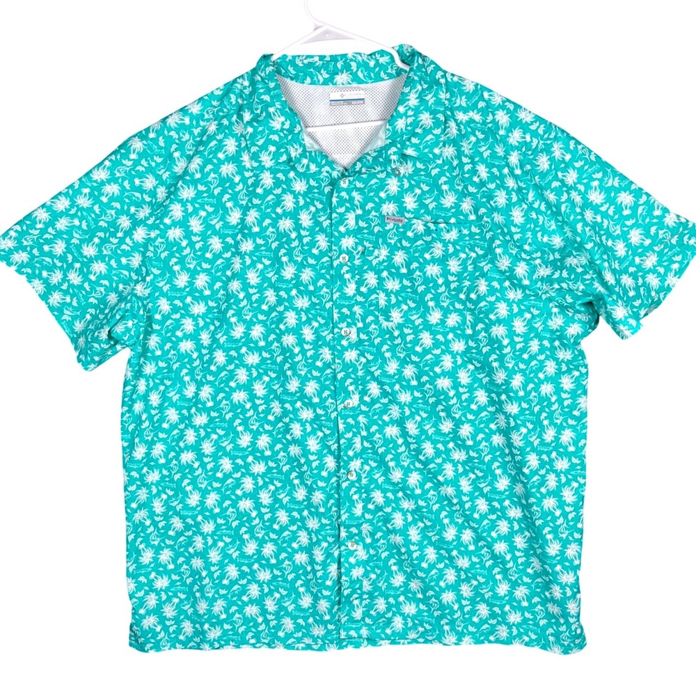 Columbia PFG Shirt Mens XXL Teal Tropical Fish Palm Tree Vented All Over Print
